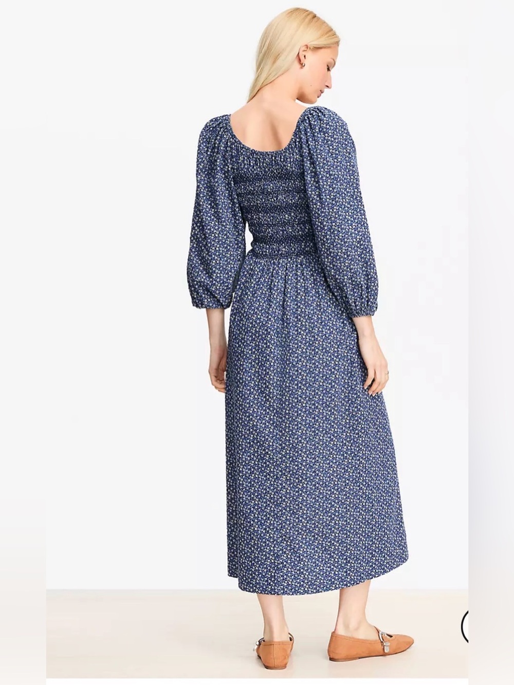 Blue Floral Smocked Midi Dress - Picture 2 of 4